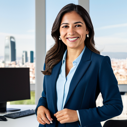 Home 10 ** A successful Latina entrepreneur in a modern office, dressed in a stylish and professional business suit, smiling confidently. The office features a bright, contemporary design with views of a bustling city (perhaps a recognizable Spanish city like Madrid or Barcelona). Soft, natural lighting. Perfect anatomy, correct proportions, well-formed hands, proper finger count. Fully clothed, appropriate attire, professional. Safe for work, modest, family-friendly.
**