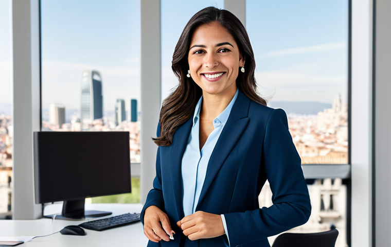 ** A successful Latina entrepreneur in a modern office, dressed in a stylish and professional business suit, smiling confidently. The office features a bright, contemporary design with views of a bustling city (perhaps a recognizable Spanish city like Madrid or Barcelona). Soft, natural lighting. Perfect anatomy, correct proportions, well-formed hands, proper finger count. Fully clothed, appropriate attire, professional. Safe for work, modest, family-friendly.
**