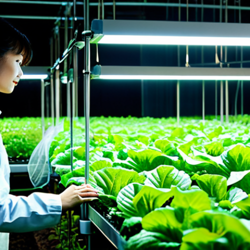 Home 5 식물 공장 기술 - **
"A modern vertical farm interior, showcasing rows of leafy green vegetables growing under LED li...