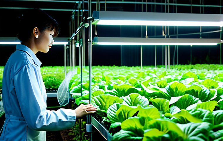 식물 공장 기술 - **
"A modern vertical farm interior, showcasing rows of leafy green vegetables growing under LED li...