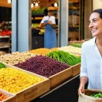 플라스틱 쓰레기 줄이기 - **Prompt 1: A Conscious Shopper at a Bulk Market**
    "A vibrant, wide shot of a bustling indoor ma...