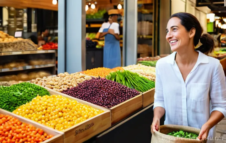 플라스틱 쓰레기 줄이기 - **Prompt 1: A Conscious Shopper at a Bulk Market**
    "A vibrant, wide shot of a bustling indoor ma...