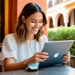 디지털 환경 모니터링 - **Prompt:** A young, warm-looking female blogger in her late 20s, with a friendly smile, sits comfor...