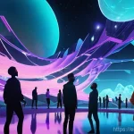 디지털 환경 변화 예측 - **Prompt:** A diverse group of adult individuals, fully clothed in modern, stylish attire, joyfully ...