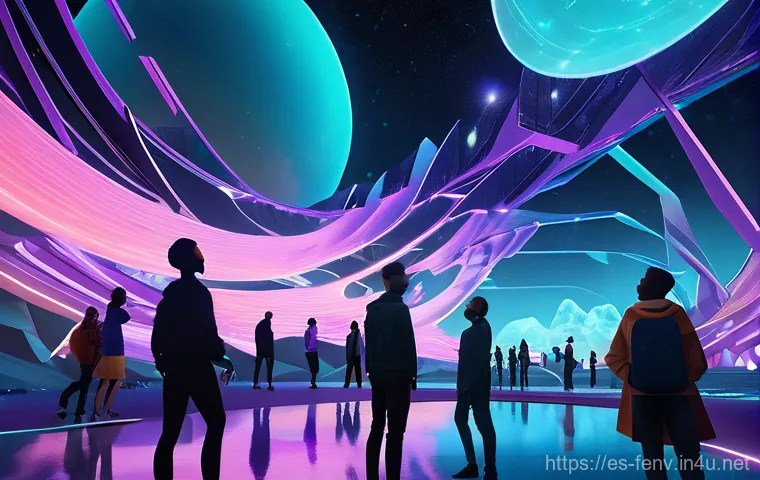 디지털 환경 변화 예측 - **Prompt:** A diverse group of adult individuals, fully clothed in modern, stylish attire, joyfully ...