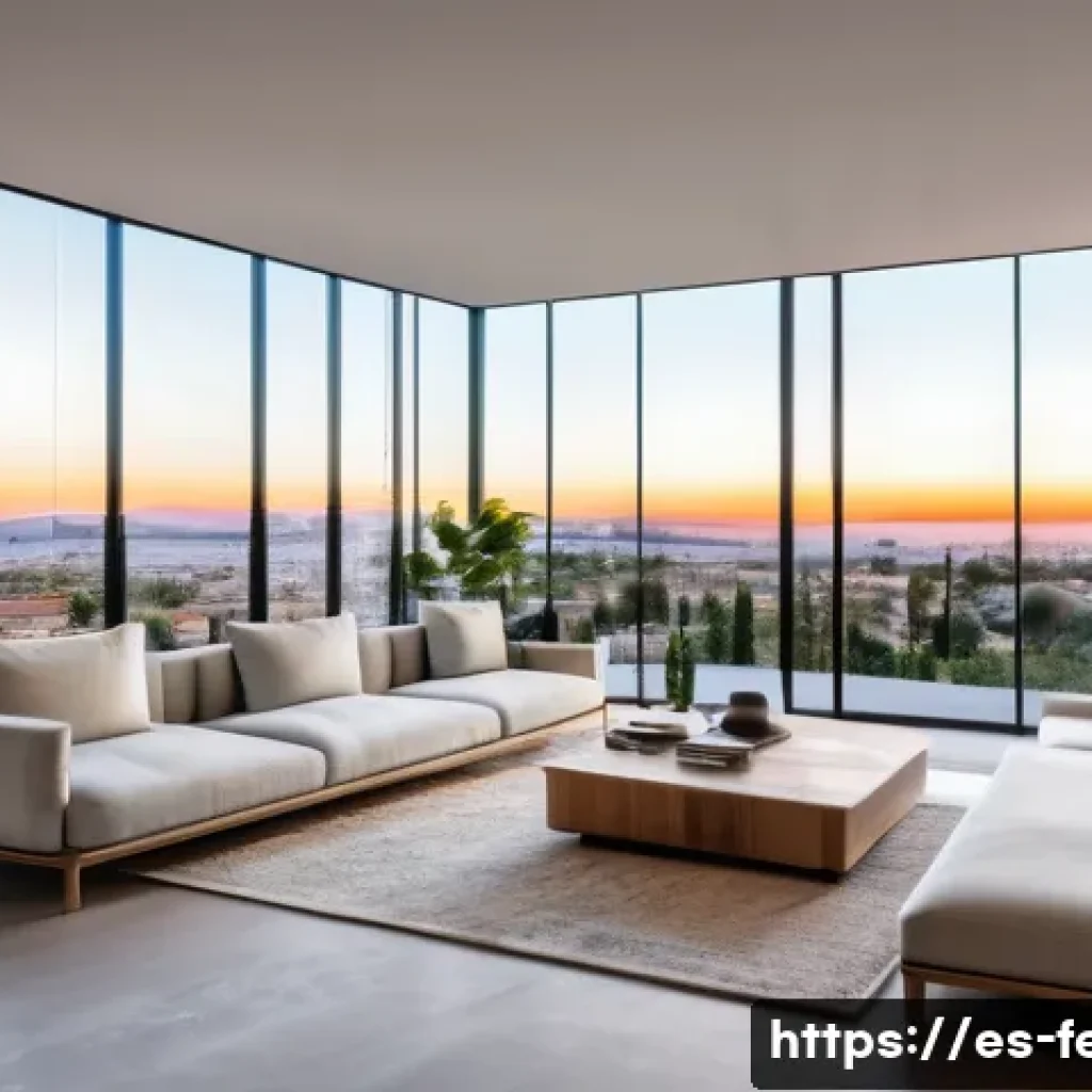 디지털화와 환경 보호 - A modern smart home interior in a Spanish urban setting during daytime, featuring automated lighting...
