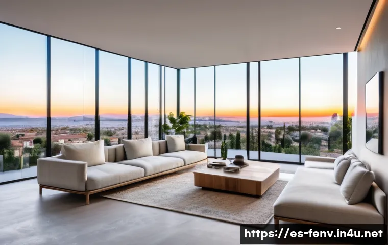 디지털화와 환경 보호 - A modern smart home interior in a Spanish urban setting during daytime, featuring automated lighting...