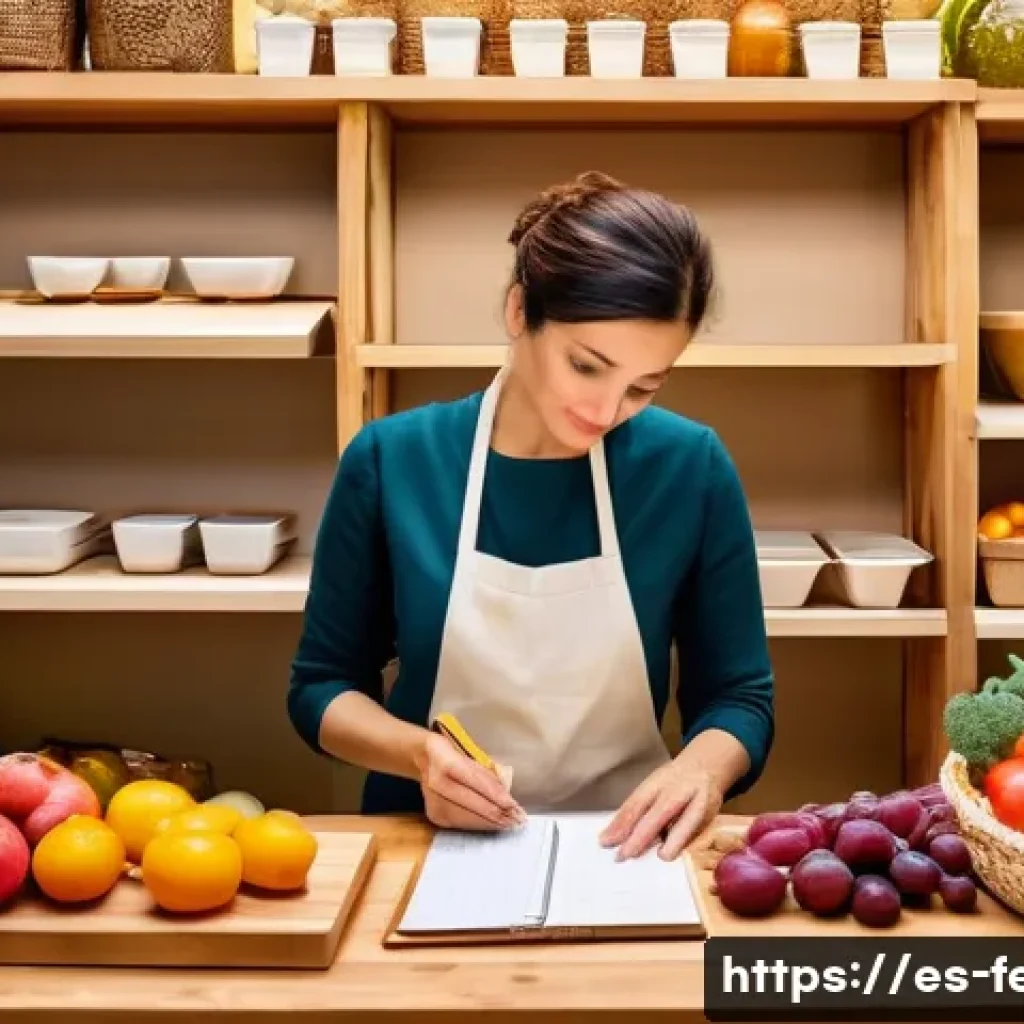 음식물 쓰레기 해결책 - A vibrant Spanish household kitchen scene showing a middle-aged woman carefully planning her grocery...