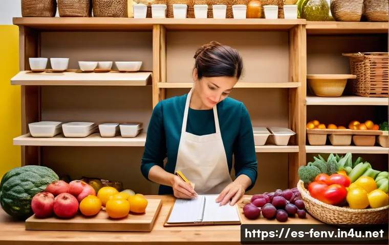 음식물 쓰레기 해결책 - A vibrant Spanish household kitchen scene showing a middle-aged woman carefully planning her grocery...
