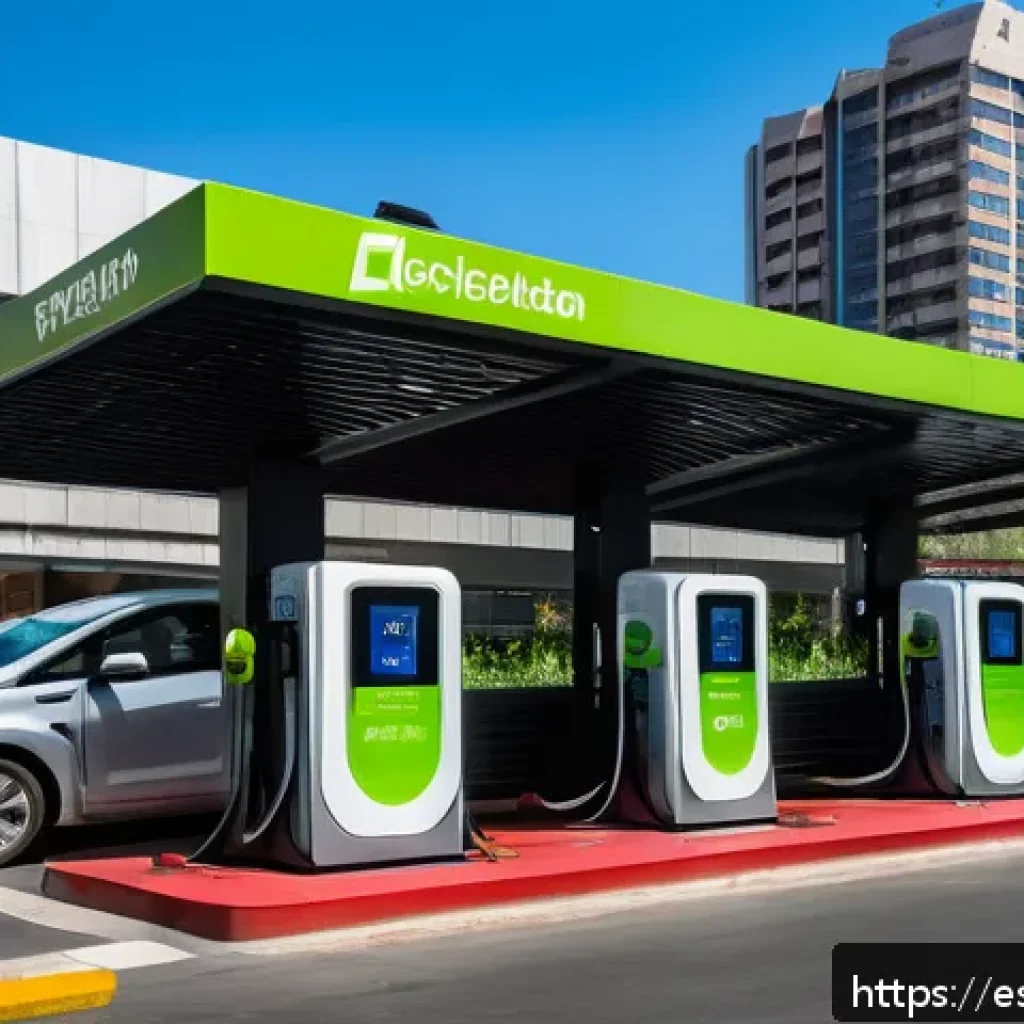 친환경 자동차 기술 - A modern electric vehicle charging station located in a bustling Mexico City urban street, featuring...