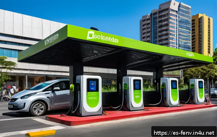 친환경 자동차 기술 - A modern electric vehicle charging station located in a bustling Mexico City urban street, featuring...