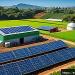 사회적 기업과 환경 보호 - A vibrant scene of a small Latin American organic farm powered by solar panels, showcasing farmers w...