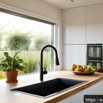 친환경 생활 습관 - A modern Spanish kitchen interior showcasing eco-friendly practices: a sleek rainwater collection ba...