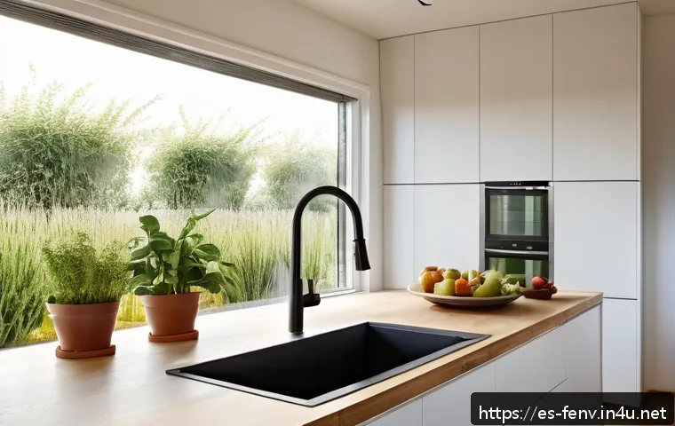 친환경 생활 습관 - A modern Spanish kitchen interior showcasing eco-friendly practices: a sleek rainwater collection ba...