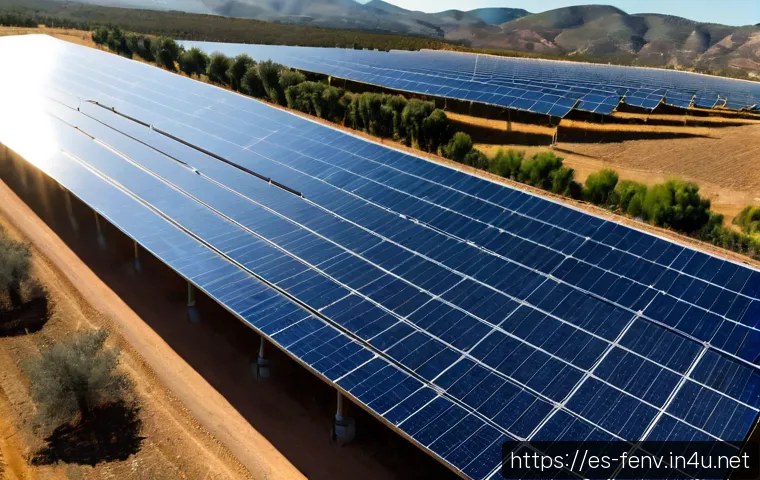 에너지 저장 시스템의 발전 - Photorealistic wide-angle view of a modern solar farm in southern Spain at golden hour, rows of phot...