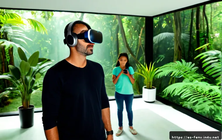 Home 17 가상 현실 VR 과 환경 문제 - Photorealistic wide-angle scene of a Spanish family in a bright modern apartment, one adult wearing ...