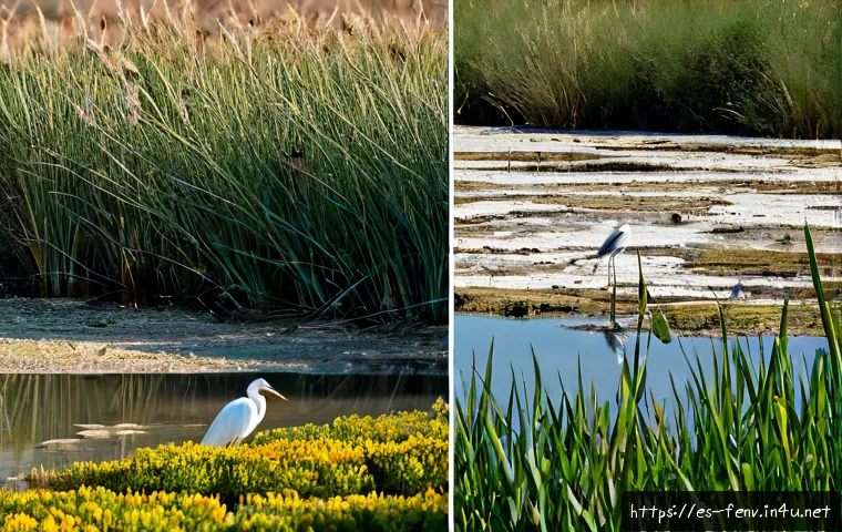 Home 30 기후 변화가 생물 다양성에 미치는 영향 - Photorealistic split-scene view of a Mediterranean wetland in southern Spain, one side lush with ree...